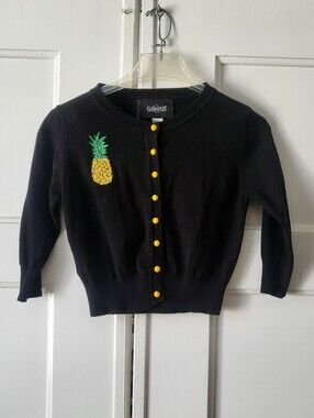 Collectif Black Yellow Cotton Cardigan With Pineapple Embroidery UK 10 US 6 S